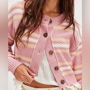 Free People Lila Striped Cardi Pink Striped Women's Sweater